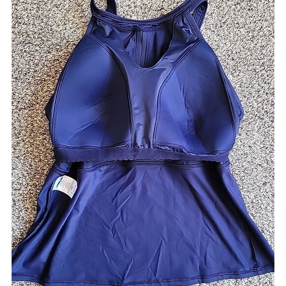 Swim Top Navy 16W DDD Halter Tankini Solid Padded Bra Lands End Plus 1X S479 - Picture 6 of 7